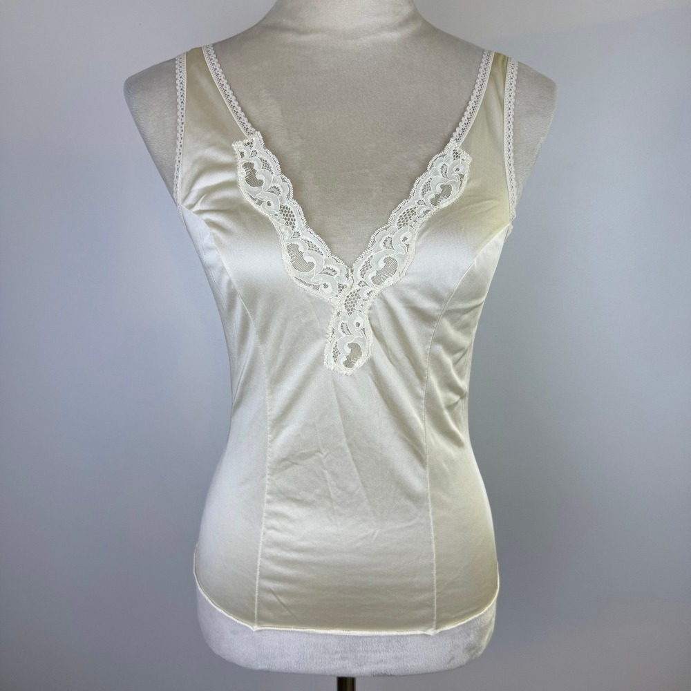 Vtg 60's Greenco Maid Cream Nylon Tricot Lace Trim Camisole Top Sm Made in USA
